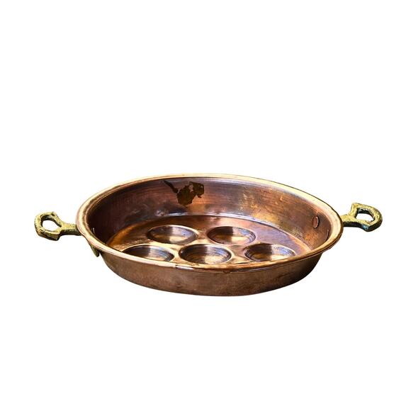 Solid Copper French Escargot Pan Egg Poacher Decorative Brass Handle Mid Century - Picture 5 of 13